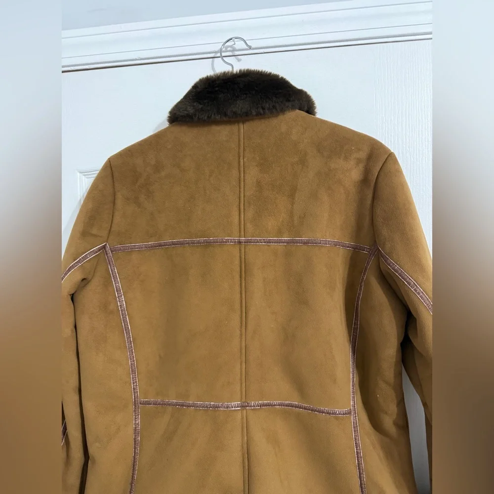 LADY HATHAWAY | Elegant Tan Teddy Jacket Faux Fur Trim Medium - Picture 9 of 11